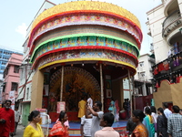 People visit a ''pandal'' or temporary platform during the Durga Puja festival in Kolkata, India, on October 11, 2024. The annual Durga Puja...