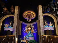 A Hindu goddess Durga is pictured inside a ''pandal'' or temporary platform during the Durga Puja festival in Kolkata, India, on October 11,...