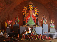 A Hindu goddess Durga is pictured inside a ''pandal'' or temporary platform during the Durga Puja festival in Kolkata, India, on October 11,...