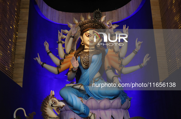 A Hindu goddess Durga is pictured inside a ''pandal'' or temporary platform during the Durga Puja festival in Kolkata, India, on October 11,...