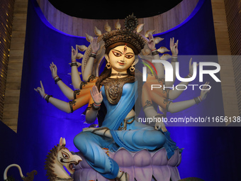 A Hindu goddess Durga is pictured inside a ''pandal'' or temporary platform during the Durga Puja festival in Kolkata, India, on October 11,...