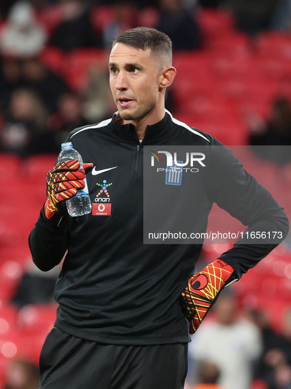 Kostas Tzolakis of Greece participates in the pre-match warm-up during the UEFA Nations League Group 2 match between England and Greece at W...