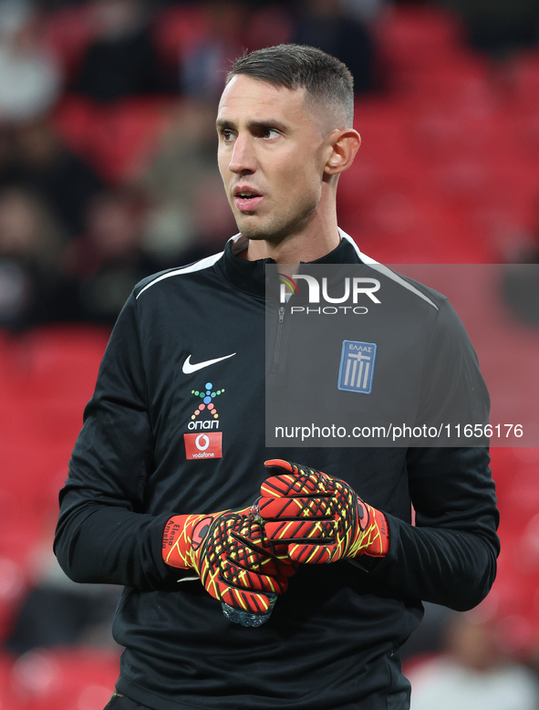 Kostas Tzolakis of Greece participates in the pre-match warm-up during the UEFA Nations League Group 2 match between England and Greece at W...