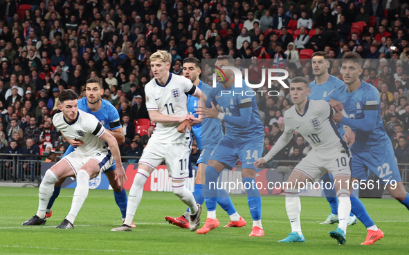 From left to right, Declan Rice of Arsenal and England, Anthony Gordon of Newcastle and England, Vangelis Pavlidis of Benfica and Greece, Ph...