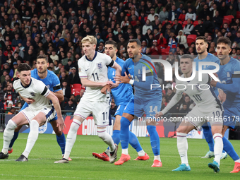 From left to right, Declan Rice of Arsenal and England, Anthony Gordon of Newcastle and England, Vangelis Pavlidis of Benfica and Greece, Ph...