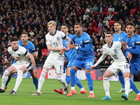 From left to right, Declan Rice of Arsenal and England, Anthony Gordon of Newcastle and England, Vangelis Pavlidis of Benfica and Greece, Ph...