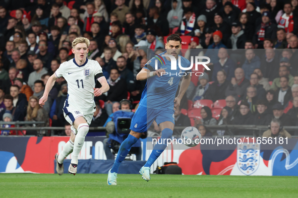 L-R Anthony Gordon of Newcastle, England, and Ninos Mavropanos of West Ham United, Greece, are in action during the UEFA Nations League Grou...