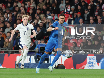 L-R Anthony Gordon of Newcastle, England, and Ninos Mavropanos of West Ham United, Greece, are in action during the UEFA Nations League Grou...