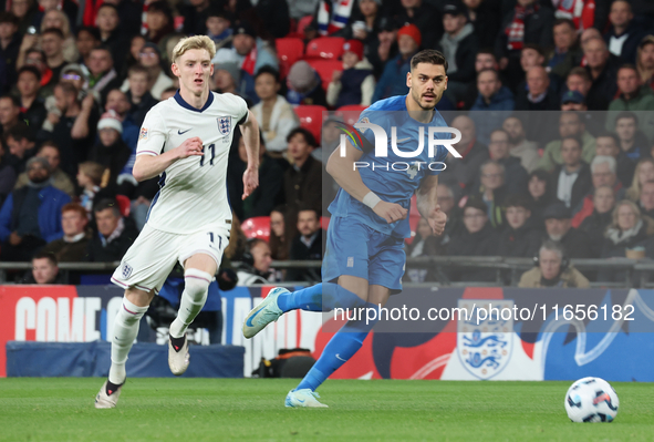 L-R Anthony Gordon of Newcastle, England, and Ninos Mavropanos of West Ham United, Greece, are in action during the UEFA Nations League Grou...