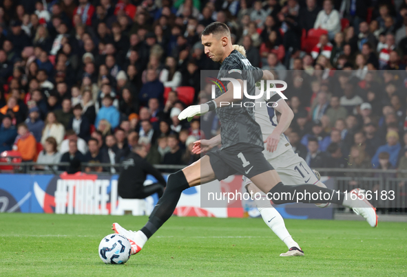 L-R Anthony Gordon of England and Odysseas Vlachodimos of Greece are in action during the UEFA Nations League Group 2 match between England...