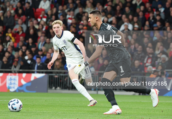 L-R Anthony Gordon of England and Odysseas Vlachodimos of Greece are in action during the UEFA Nations League Group 2 match between England...