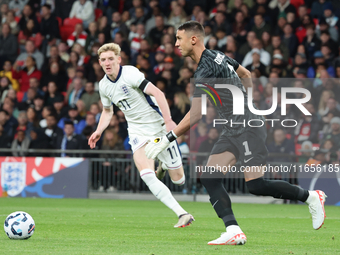 L-R Anthony Gordon of England and Odysseas Vlachodimos of Greece are in action during the UEFA Nations League Group 2 match between England...