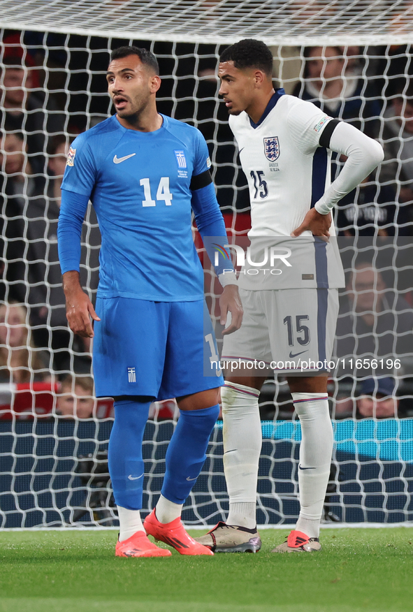 L-R Ninos Mavropanos of West Ham United and Greece, and Levi Colwill of Chelsea and England, are in action during the UEFA Nations League Gr...