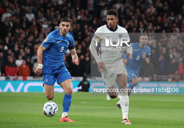 L-R Konstantinos Koullerakls of Greece and Jude Bellingham of England in action during the UEFA Nations League Group 2 match between England...