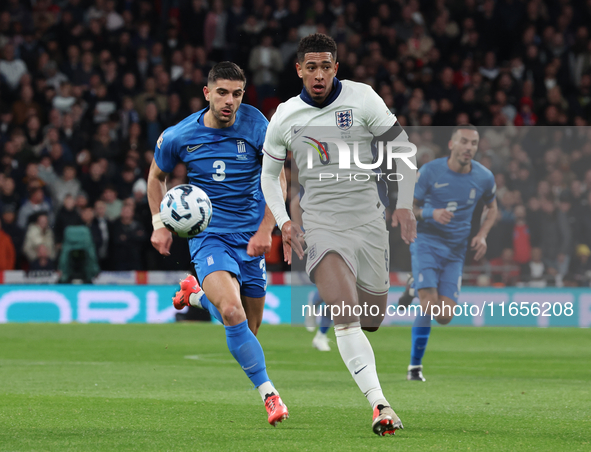 L-R Konstantinos Koullerakls of Greece and Jude Bellingham of England in action during the UEFA Nations League Group 2 match between England...