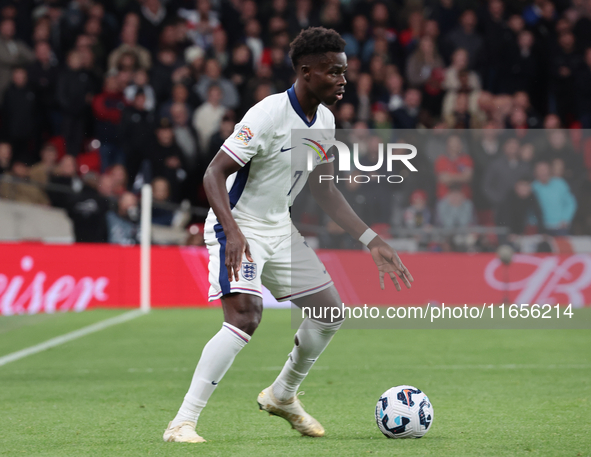 Bukayo Saka of Arsenal and England is in action during the UEFA Nations League Group 2 match between England and Greece at Wembley Stadium i...