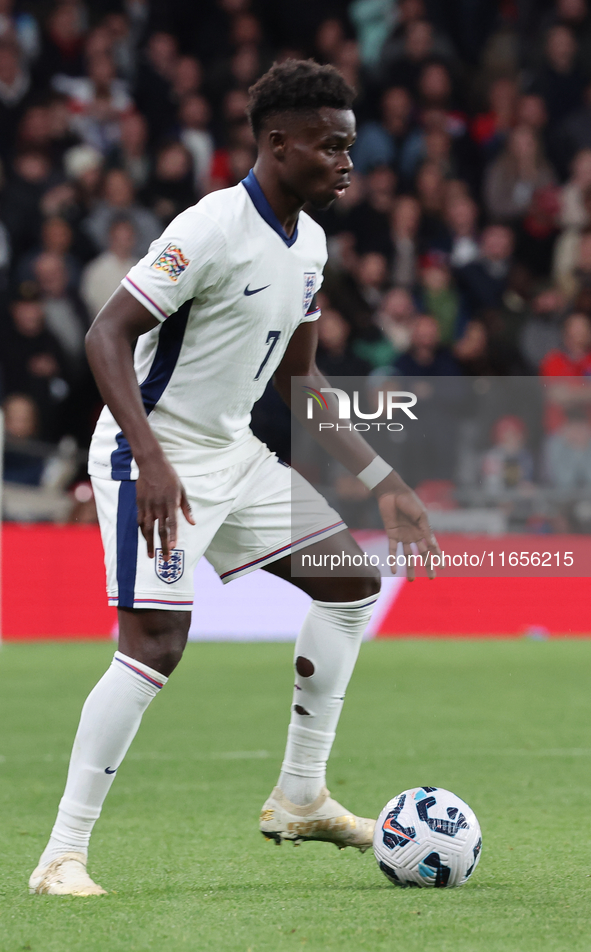 Bukayo Saka of Arsenal and England is in action during the UEFA Nations League Group 2 match between England and Greece at Wembley Stadium i...