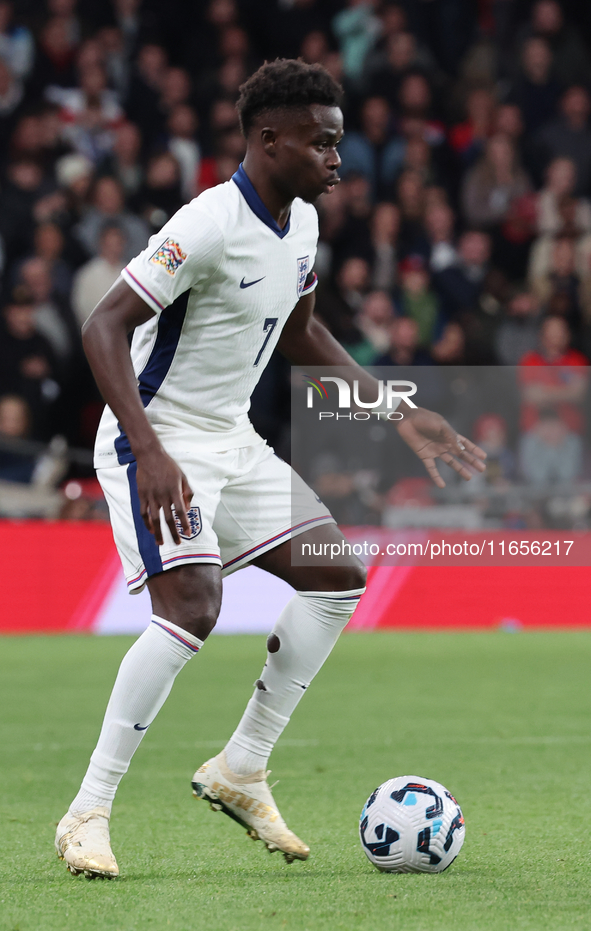 Bukayo Saka of Arsenal and England is in action during the UEFA Nations League Group 2 match between England and Greece at Wembley Stadium i...