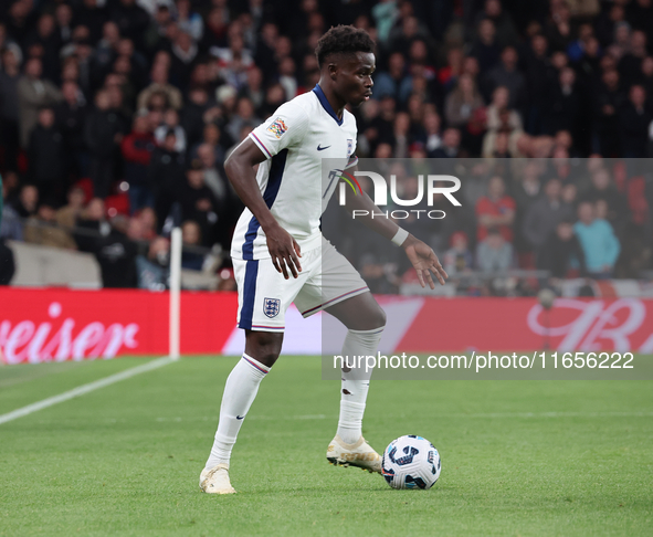 Bukayo Saka of Arsenal and England is in action during the UEFA Nations League Group 2 match between England and Greece at Wembley Stadium i...