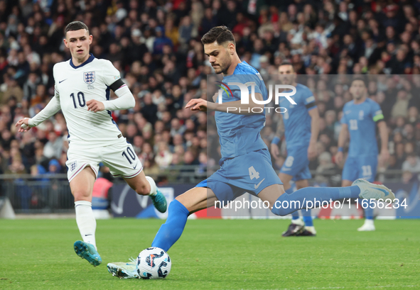 Ninos Mavropanos of West Ham United and Greece is in action during the UEFA Nations League Group 2 match between England and Greece at Wembl...