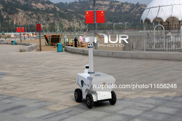 A public security intelligent security robot patrols a park in Lianyungang, China, on October 11, 2024. 