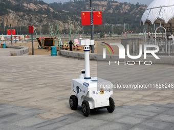 A public security intelligent security robot patrols a park in Lianyungang, China, on October 11, 2024. (