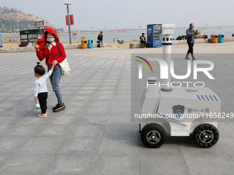 A public security intelligent security robot patrols a park in Lianyungang, China, on October 11, 2024. (