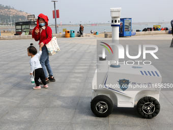 A public security intelligent security robot patrols a park in Lianyungang, China, on October 11, 2024. (