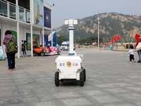 A public security intelligent security robot patrols a park in Lianyungang, China, on October 11, 2024. (