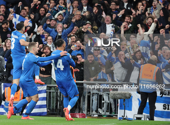 Vangelis Pavlidis of Greece celebrates his first goal during the UEFA Nations League Group 2 match between England and Greece at Wembley Sta...