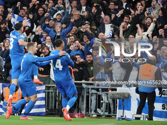 Vangelis Pavlidis of Greece celebrates his first goal during the UEFA Nations League Group 2 match between England and Greece at Wembley Sta...