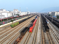 A cargo train prepares to depart at a railway marshalling station in Lianyungang, China, on October 11, 2024. (