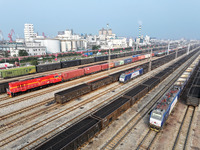 A cargo train prepares to depart at a railway marshalling station in Lianyungang, China, on October 11, 2024. (