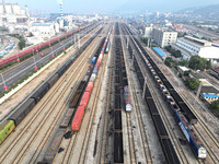 A cargo train prepares to depart at a railway marshalling station in Lianyungang, China, on October 11, 2024. (