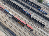 A cargo train prepares to depart at a railway marshalling station in Lianyungang, China, on October 11, 2024. (