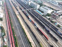 A cargo train prepares to depart at a railway marshalling station in Lianyungang, China, on October 11, 2024. (