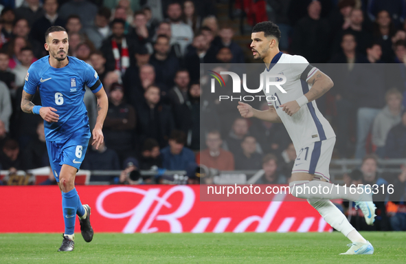 L-R Dimitris Kourbelis of Al-Khaleej, Greece, and Dominic Solanke of Tottenham Hotspur, England, are in action during the UEFA Nations Leagu...