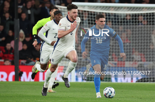 Christos Zafeiris of Slavia Prague, Greece, beats Declan Rice of Arsenal, England, during the UEFA Nations League Group 2 match between Engl...