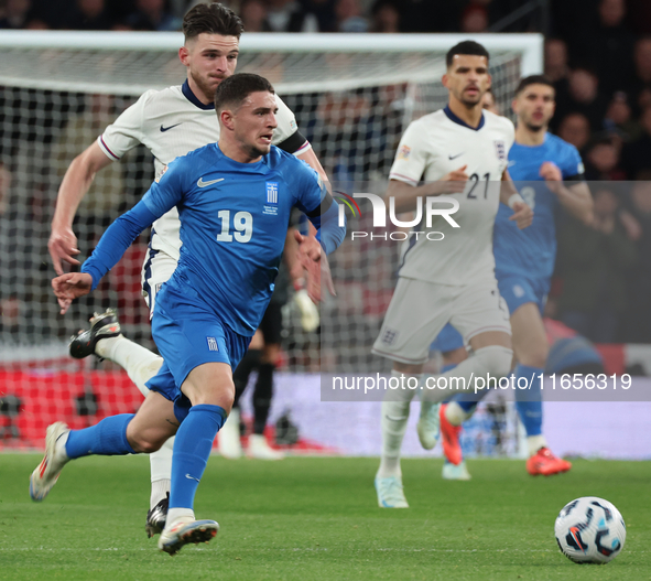 Christos Zafeiris of Slavia Prague, Greece, beats Declan Rice of Arsenal, England, during the UEFA Nations League Group 2 match between Engl...