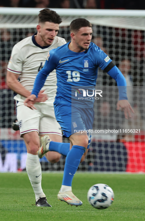 Christos Zafeiris of Slavia Prague, Greece, beats Declan Rice of Arsenal, England, during the UEFA Nations League Group 2 match between Engl...