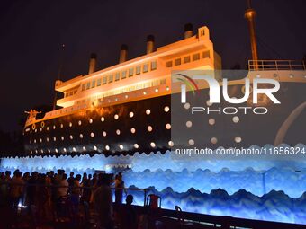 A community 'puja pandal' is themed on the Titanic ship during the Durga Puja festival in Nagaon district, Assam, on October 11, 2024. (