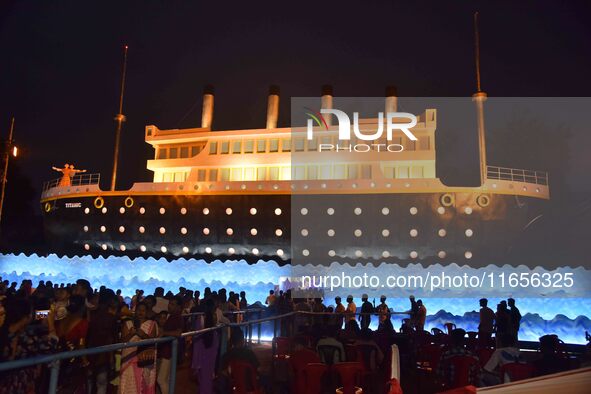 A community 'puja pandal' themed on the 'Titanic' ship is present during the Durga Puja festival in Nagaon district, Assam, India, on Octobe...