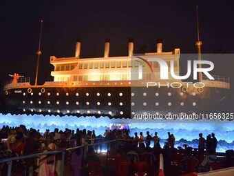 A community 'puja pandal' themed on the 'Titanic' ship is present during the Durga Puja festival in Nagaon district, Assam, India, on Octobe...