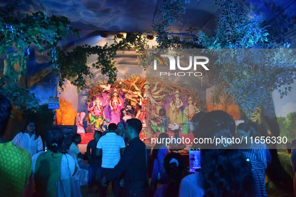 A community 'puja pandal' themed on ''Destroy Nature'' during the Durga Puja festival in Nagaon district, Assam, India, on October 11, 2024....