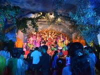 A community 'puja pandal' themed on ''Destroy Nature'' during the Durga Puja festival in Nagaon district, Assam, India, on October 11, 2024....