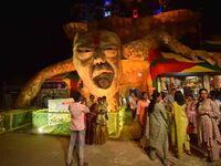 A community 'puja pandal' themed on ''Destroy Nature'' during the Durga Puja festival in Nagaon district, Assam, India, on October 11, 2024....