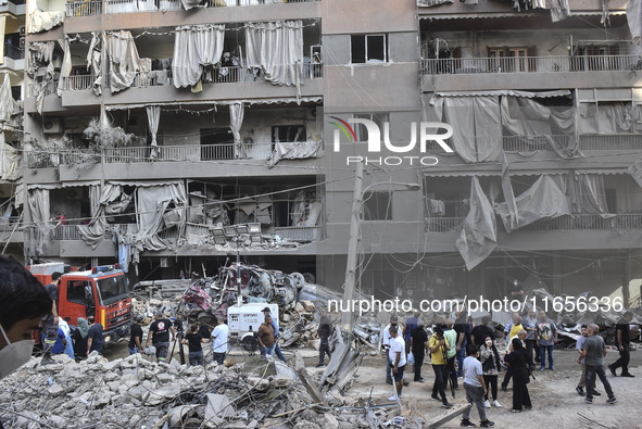 This picture shows the destruction at the site of an Israeli air strike in the Basta area, in Beirut, Lebanon, on October 11, 2024, amid the...