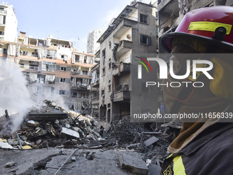 This picture shows the destruction at the site of an Israeli air strike in the Basta area, in Beirut, Lebanon, on October 11, 2024, amid the...