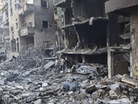 This picture shows the destruction at the site of an Israeli air strike in the Basta area, in Beirut, Lebanon, on October 11, 2024, amid the...