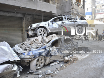 This picture shows the destruction at the site of an Israeli air strike in the Basta area, in Beirut, Lebanon, on October 11, 2024, amid the...